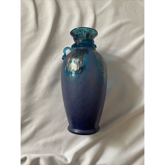 Handmade Blue & Gold Art Glass Vase With Textured Design - Decorative Accent Pie - Picture 1 of 14